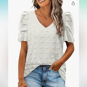 Short Sleeve Tshirts for Women Chiffon V Neck Blouses Cute Puff Sleeve Tops
